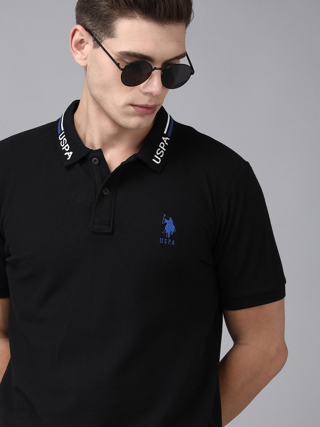 

U S Polo Assn Men Black & White Typography Printed Polo Collar Slim Fit T-shirt