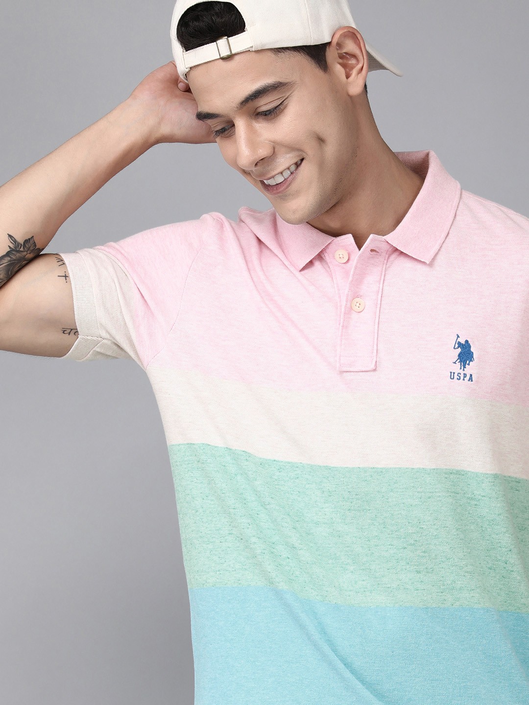 

U S Polo Assn Men Pink & Blue Colourblocked Polo Collar Pure Cotton Slim Fit T-shirt
