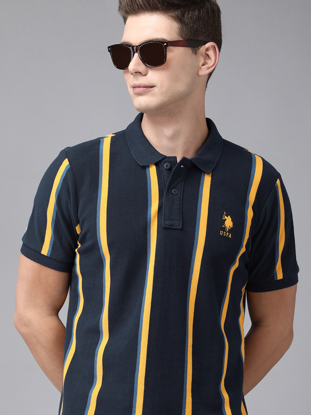 

U S Polo Assn Men Navy Blue & Yellow Striped Polo Collar Pure Cotton Slim Fit T-shirt