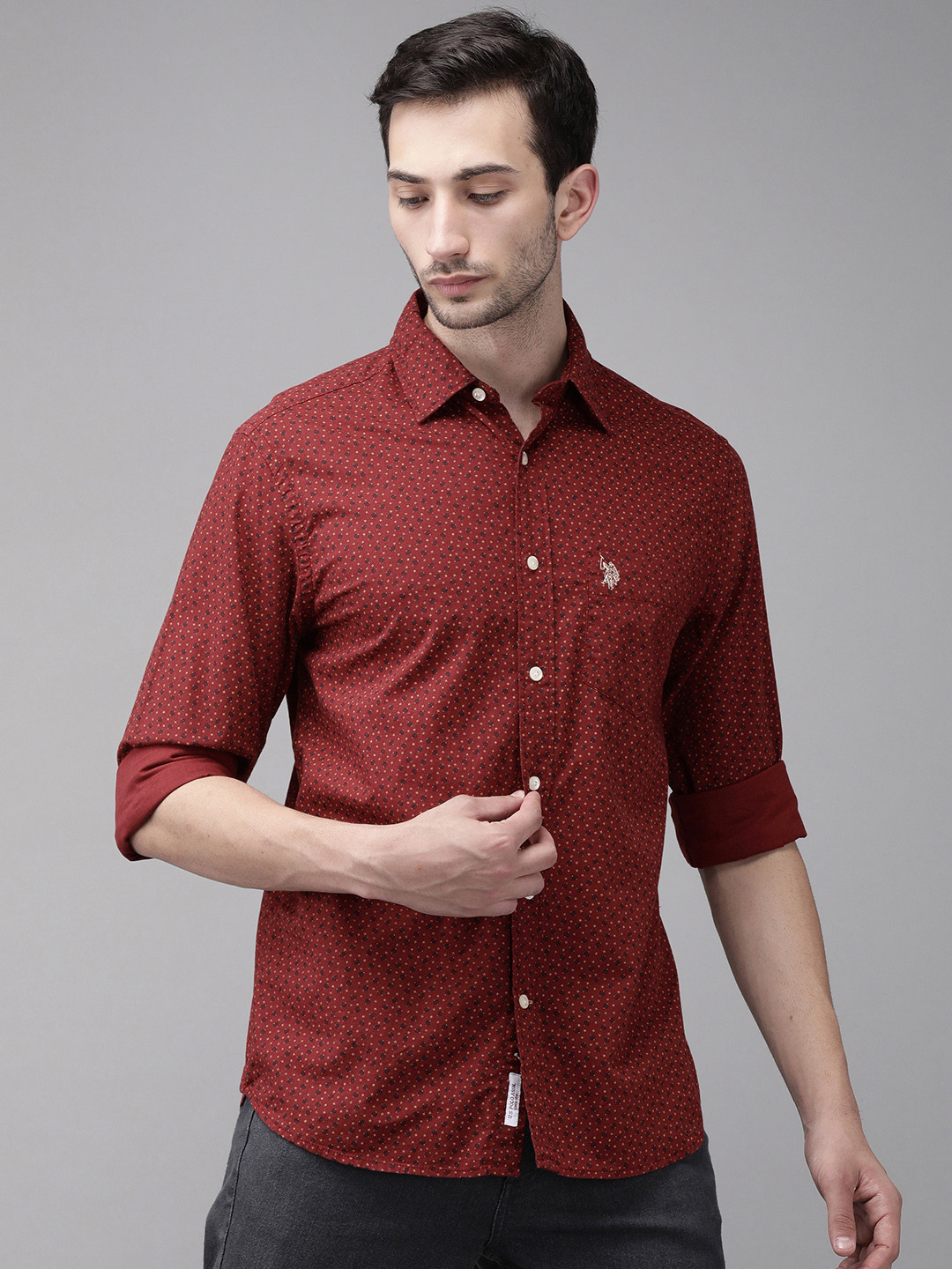 

U. S. Polo Assn. Men Maroon Opaque Printed Pure Cotton Casual Shirt