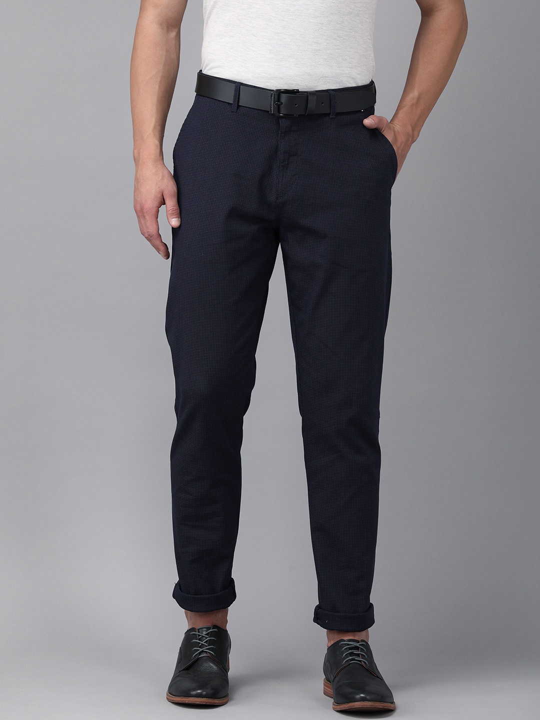 

U.S. Polo Assn. Men Navy Blue Checked Denver Slim Fit Regular Trousers