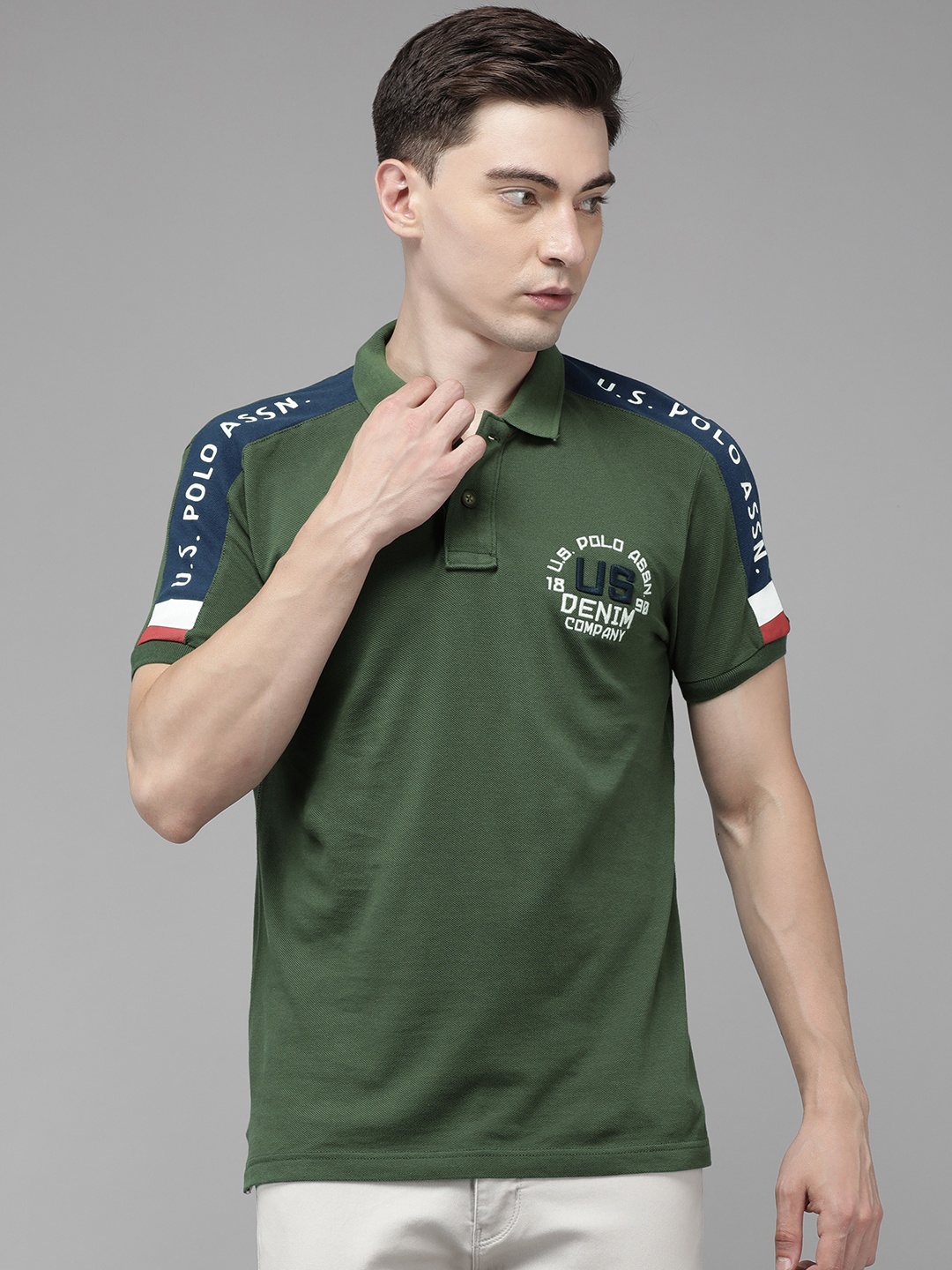 

U S Polo Assn Denim Co Men Olive Green Embroidered Polo Collar T-shirt
