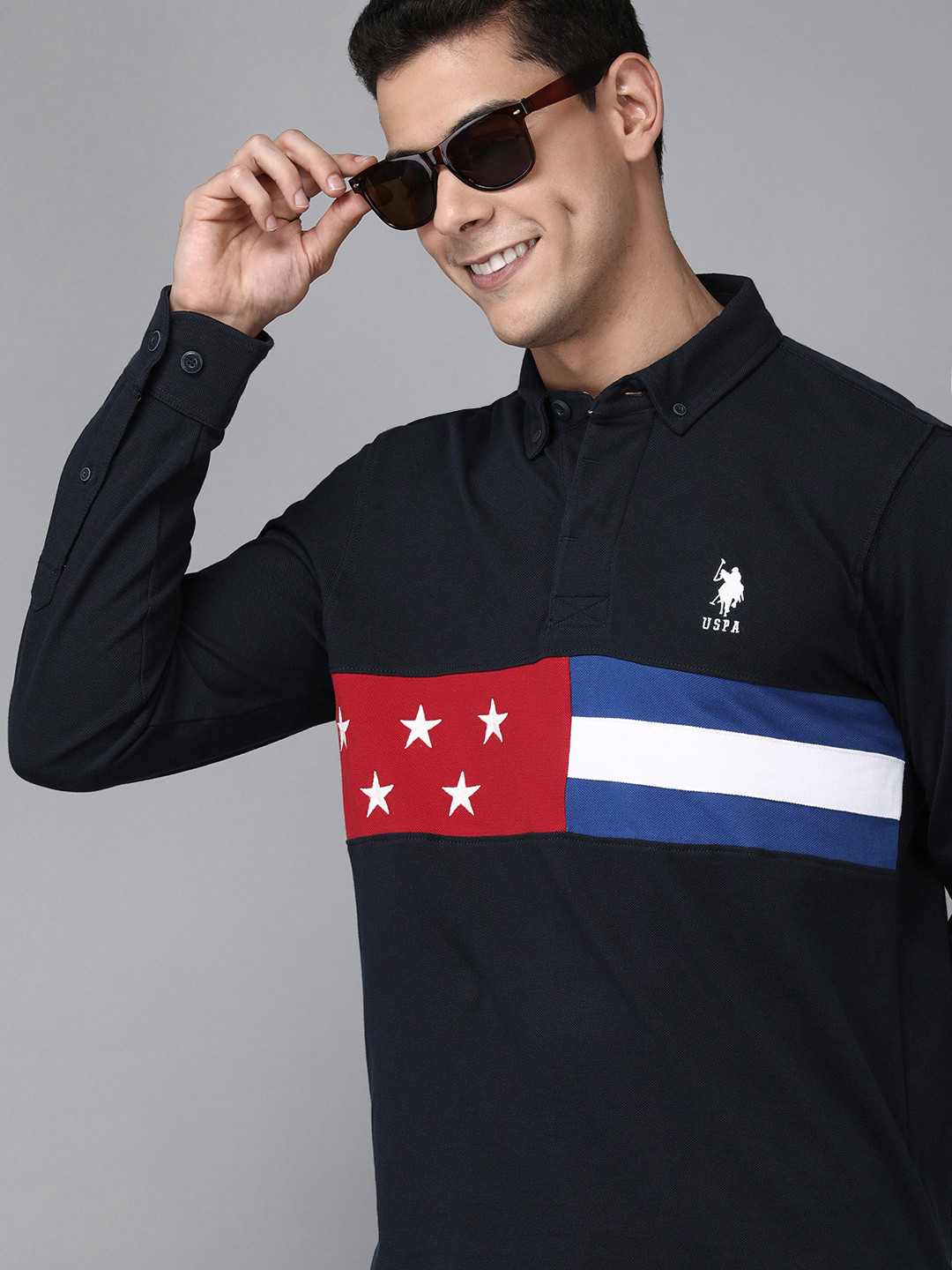 

U S Polo Assn Men Navy Blue & White Colourblocked Polo Collar Slim Fit T-shirt