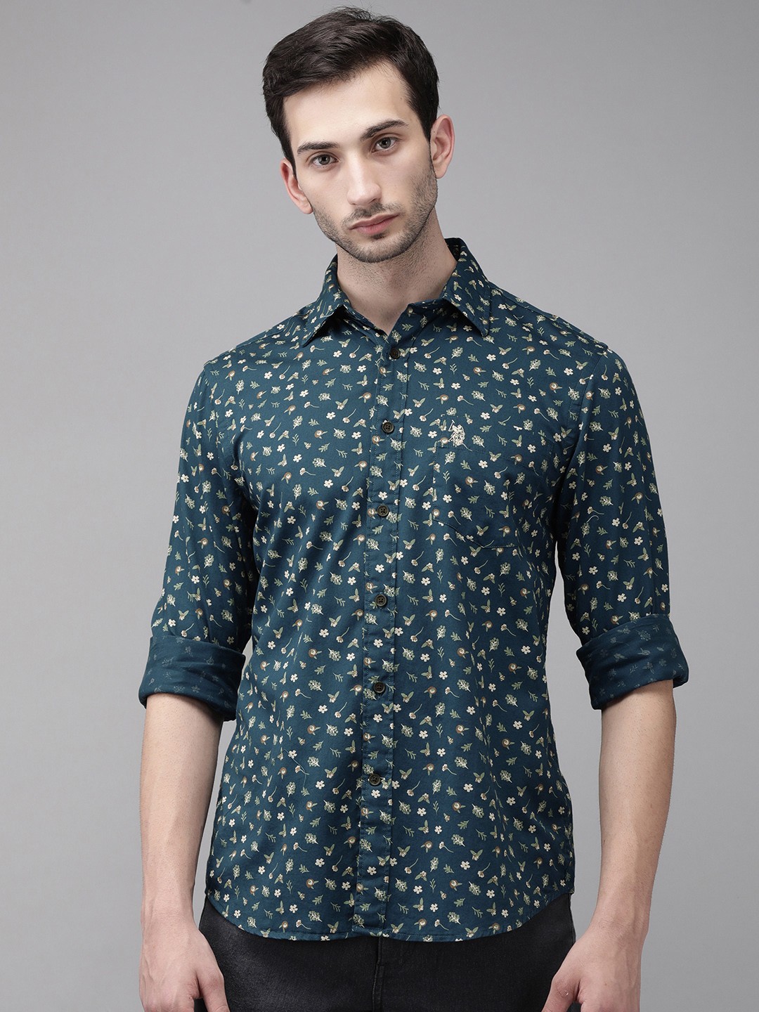 

U. S. Polo Assn. Men Teal Opaque Floral Printed Pure Cotton Casual Shirt