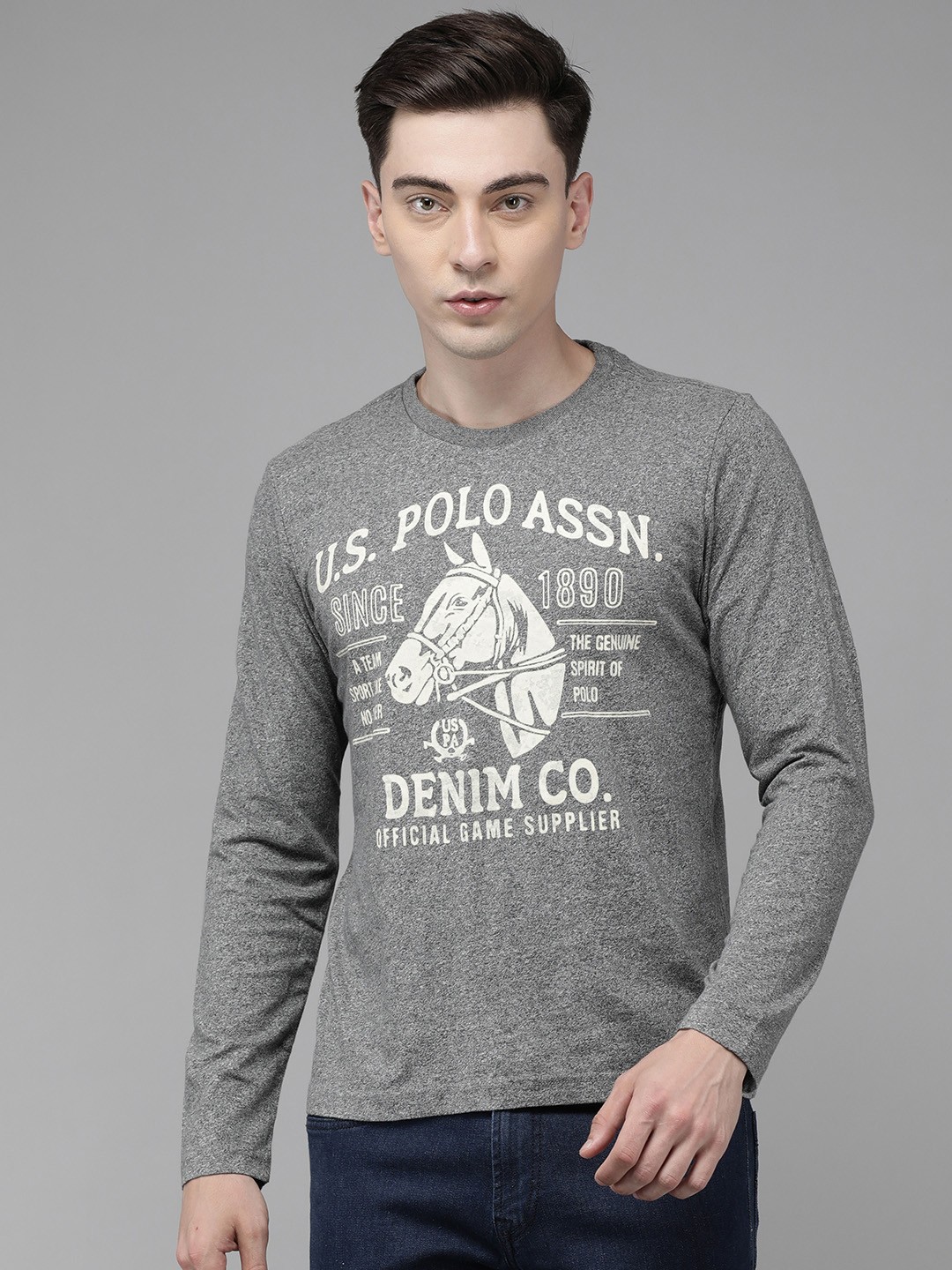 U S Polo Assn Denim Co Men Grey Melange Brand Logo T-shirt