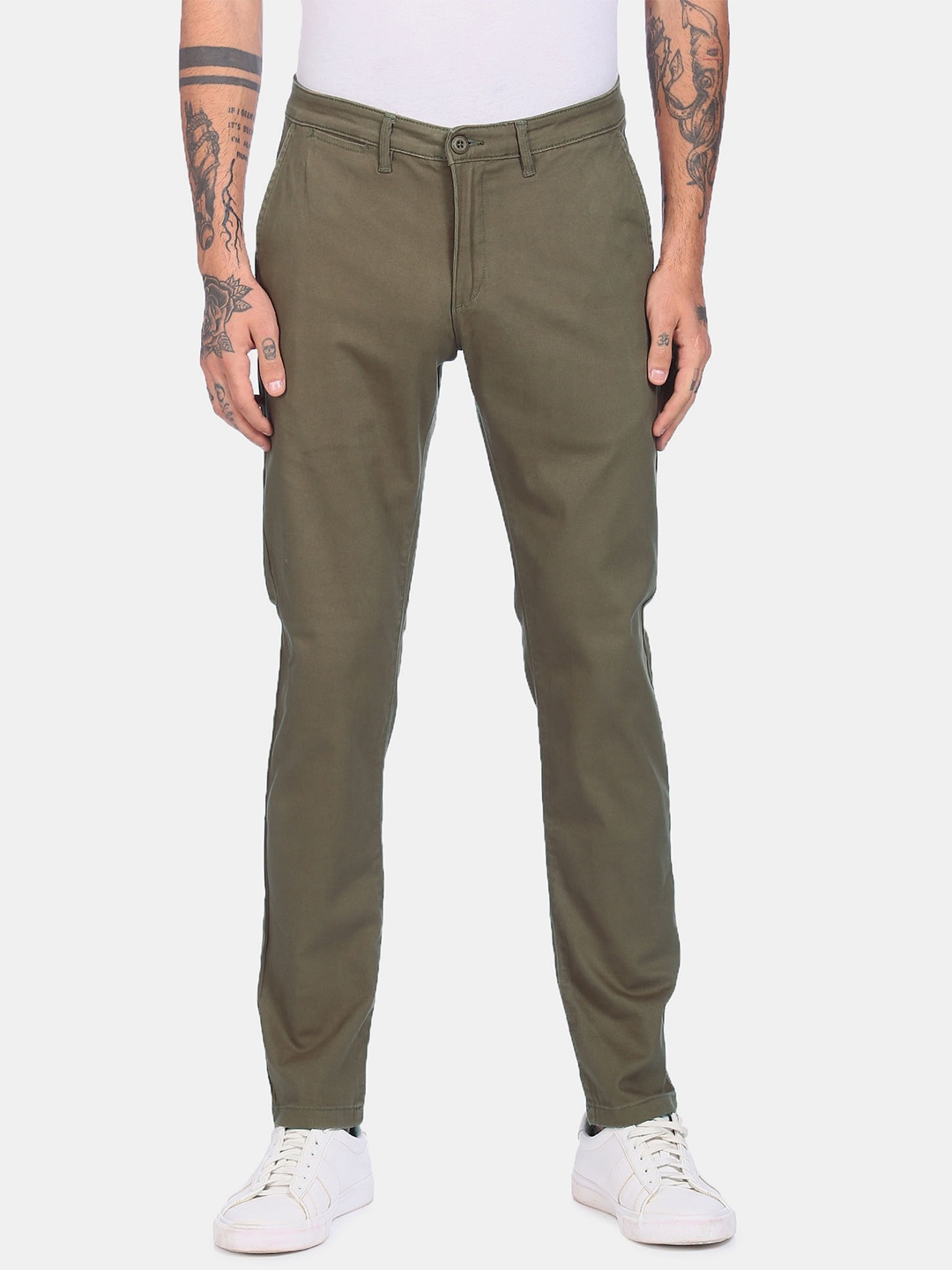 

U S Polo Assn Men Olive Green Printed Slim Fit Easy Wash Trousers