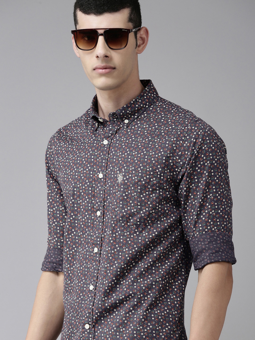 

U. S. Polo Assn. Men Navy Blue Floral Print Opaque Pure Cotton Casual Shirt