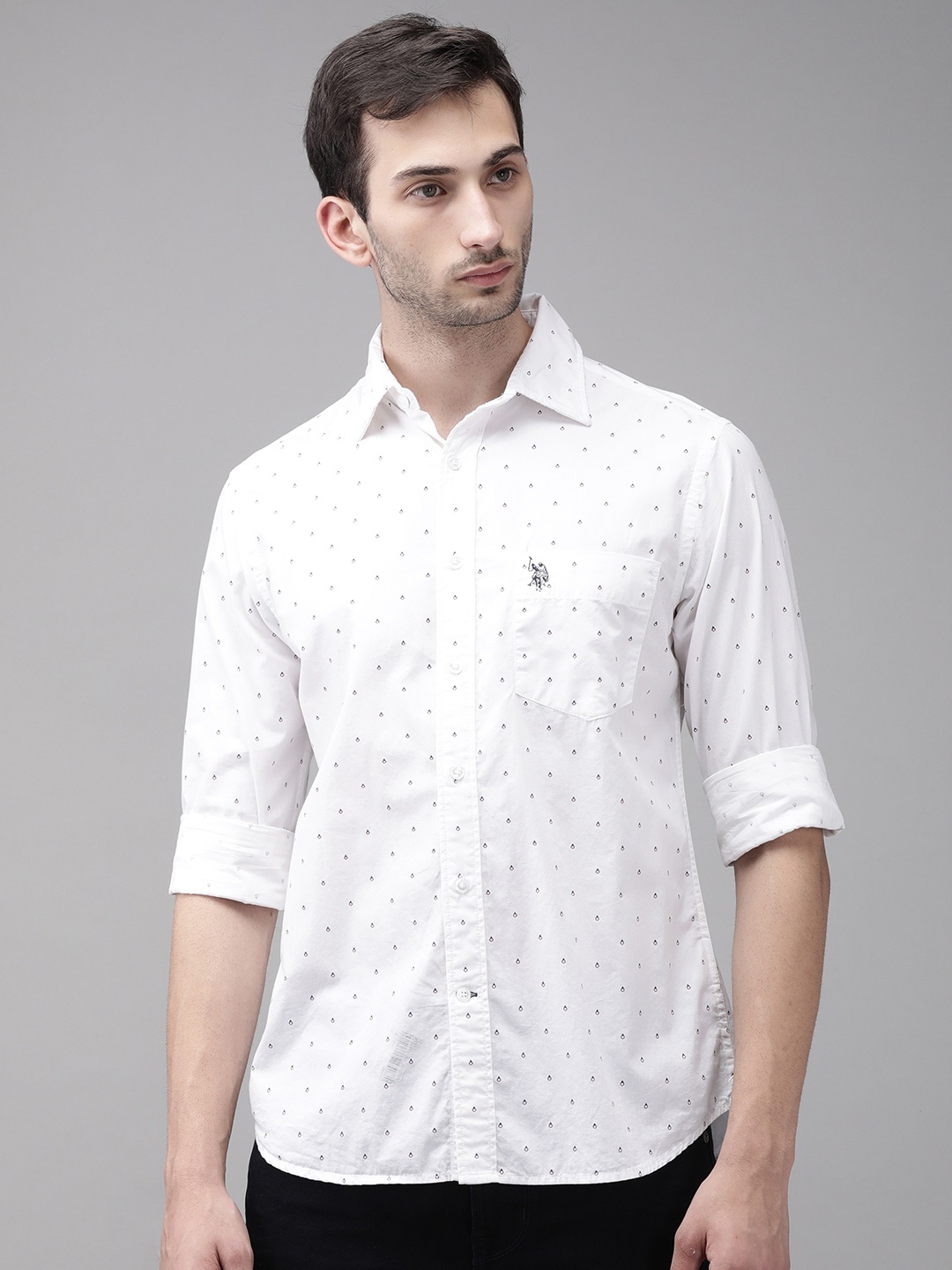 

U. S. Polo Assn. Men White Opaque Printed Pure Cotton Casual Shirt