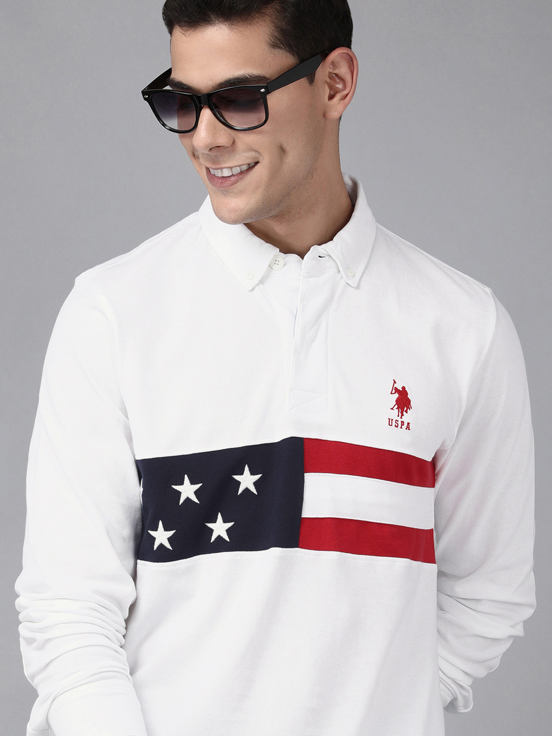 

U S Polo Assn Men White & Blue Printed Slim Fit T-shirt