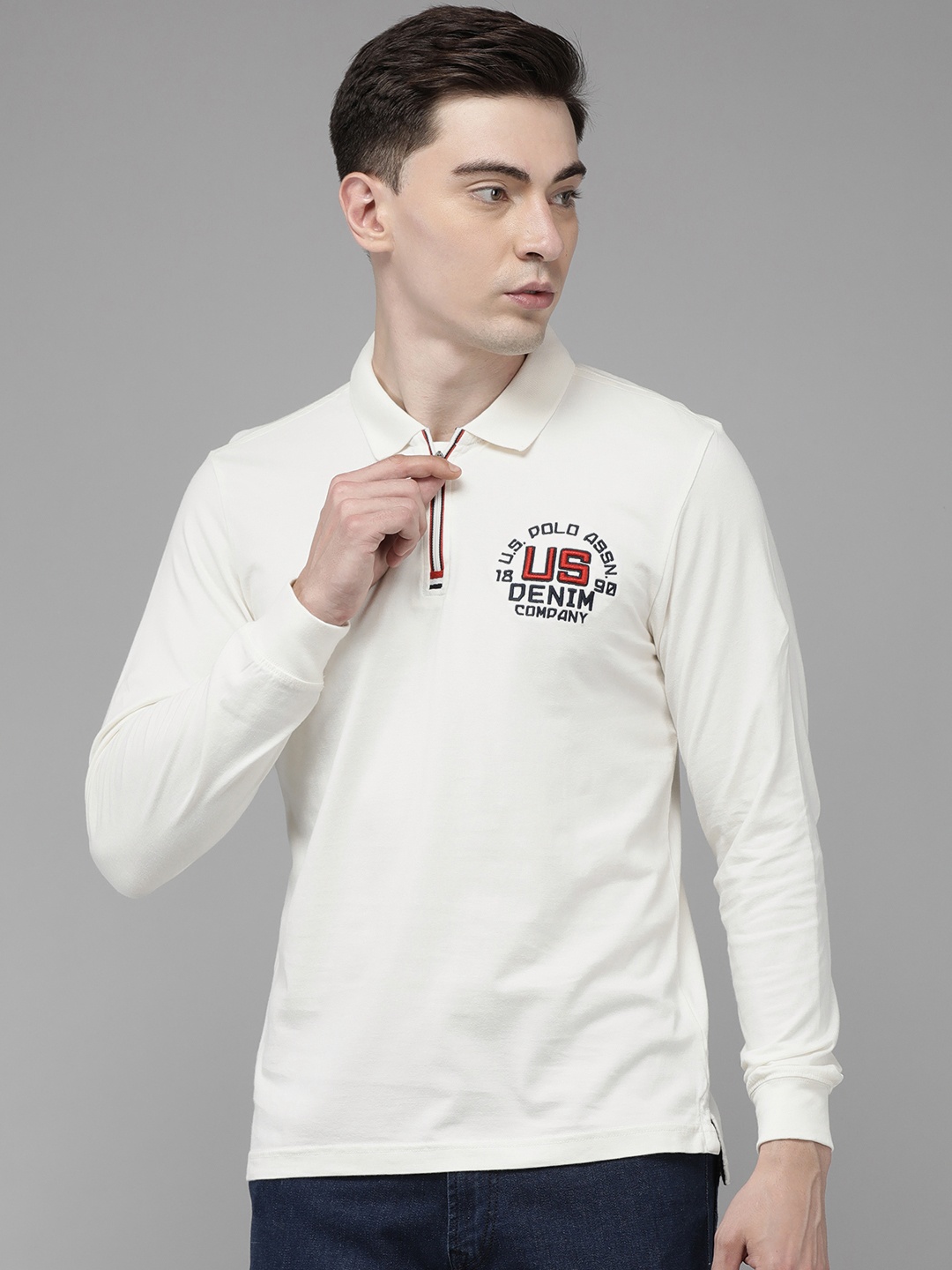 

U S Polo Assn Denim Co Men Off White Embroidered Polo Collar T-shirt