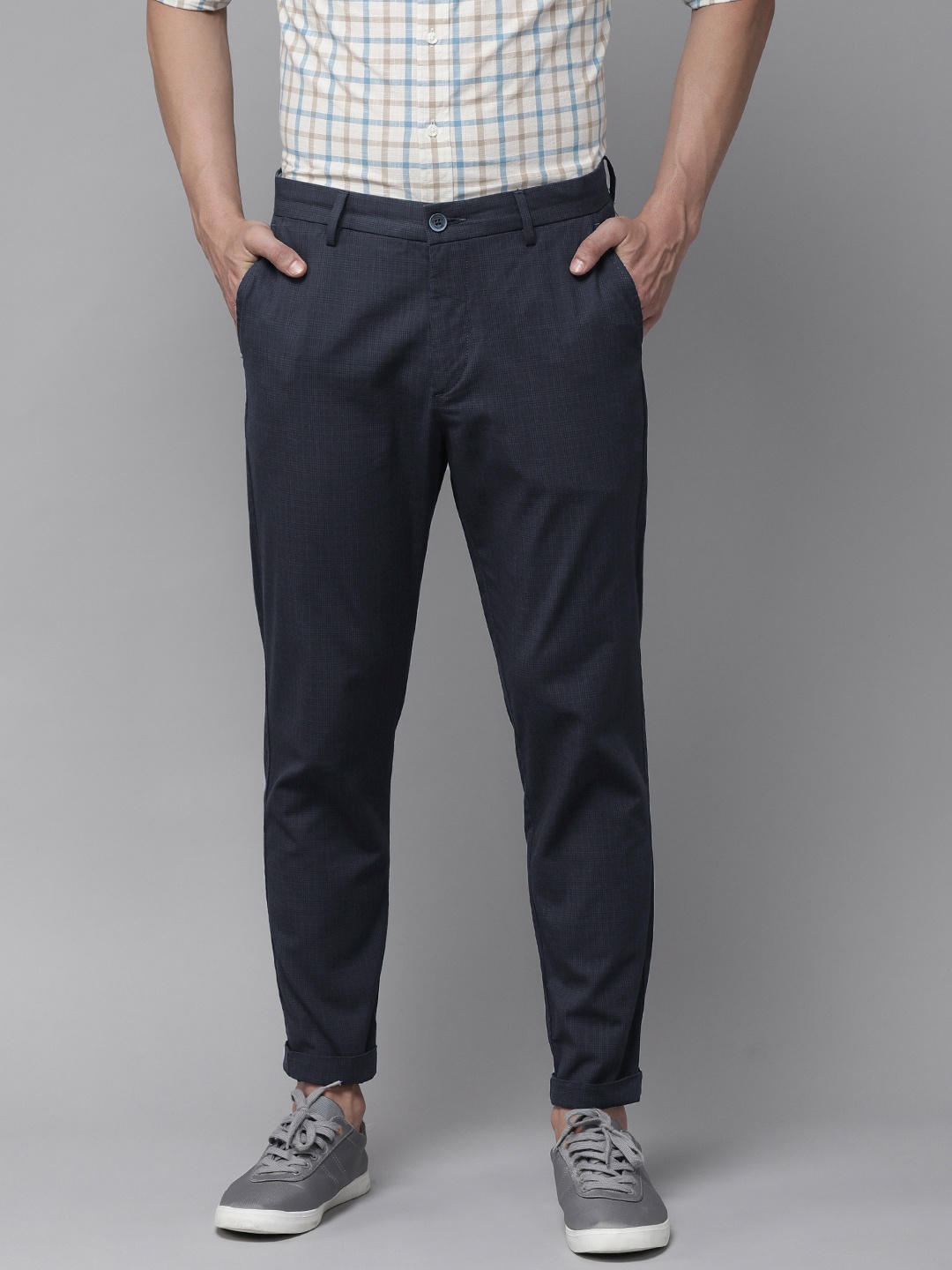 

U S Polo Assn Men Navy Blue Checked Gatsby Tapered Fit Trousers