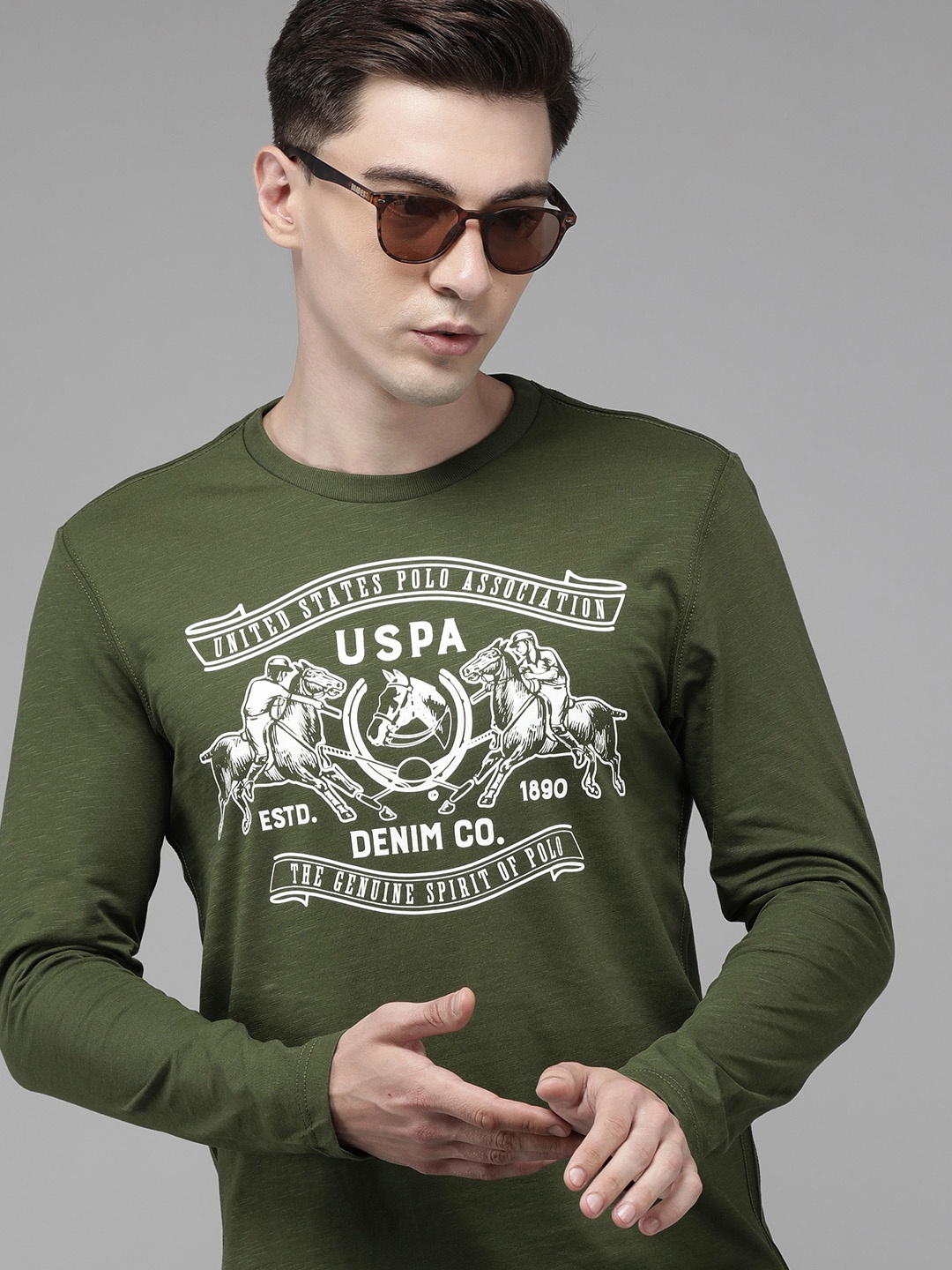 

U S Polo Assn Denim Co Men Olive Green Brand Logo Printed T-shirt