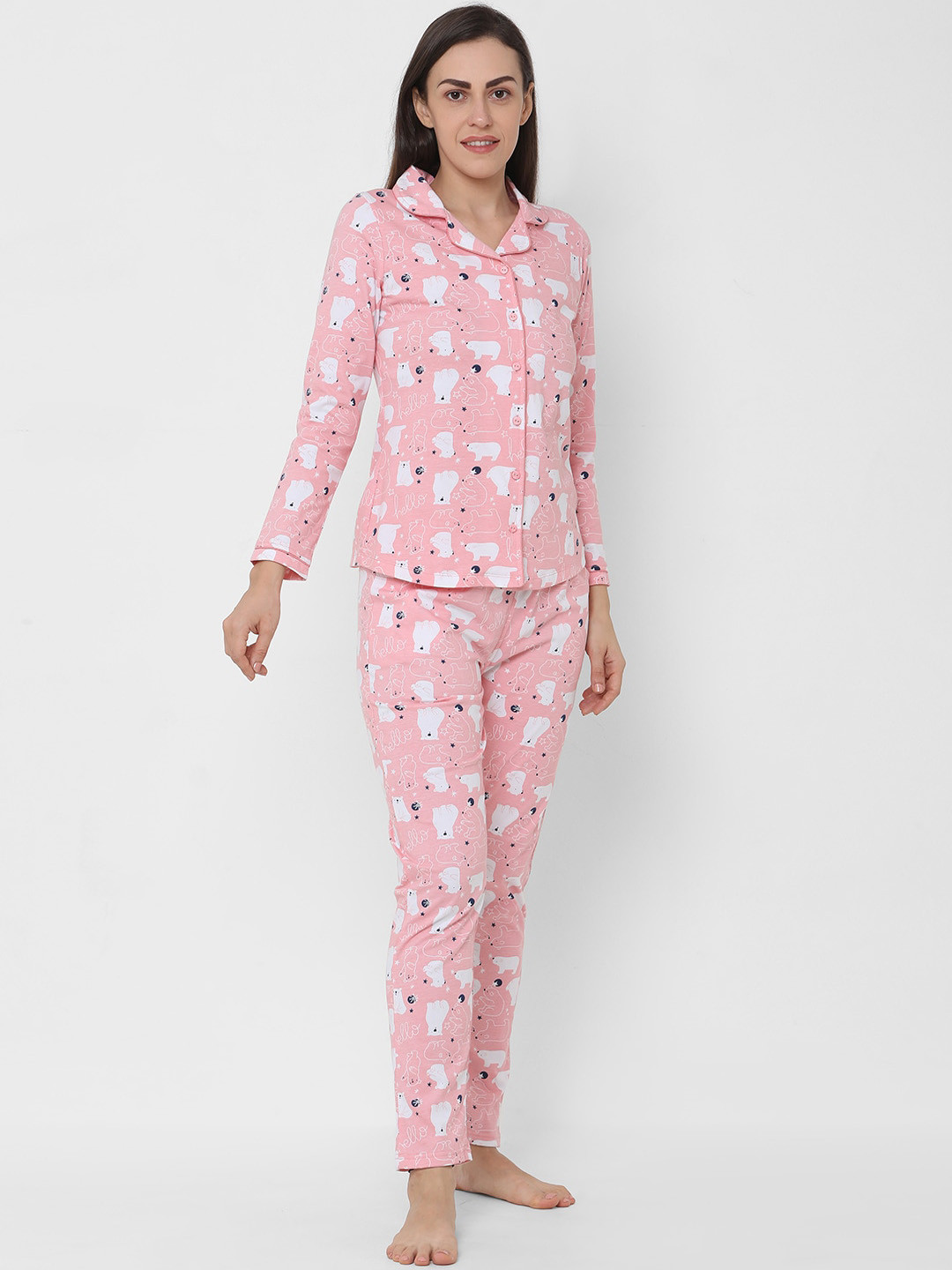 

Sweet Dreams Women Pink & White Printed Shirt & Pyjama Night suit