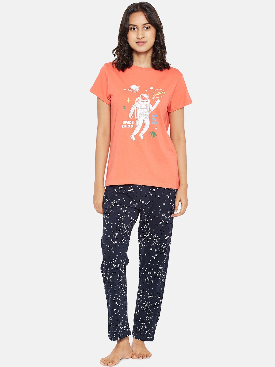 

People Women Coral & Navy Blue Printed T-Shirt & Pyjama Night suit