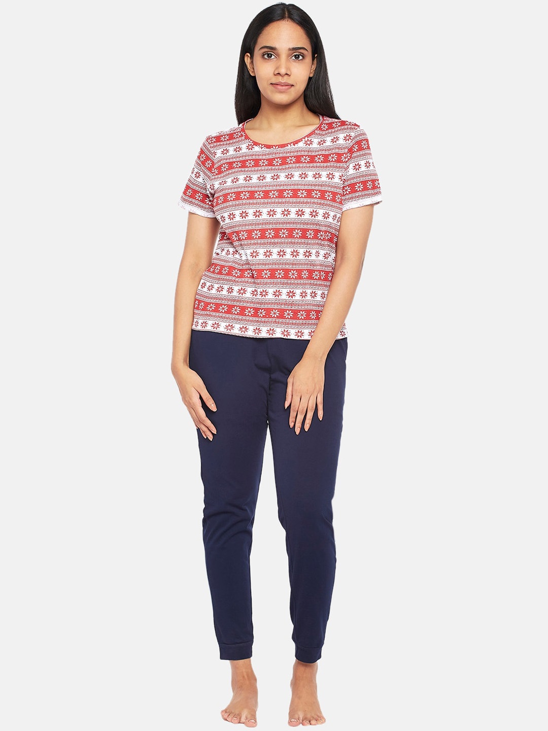 

People Women Navy Blue & Red Printed Top & Pyjama Night suit