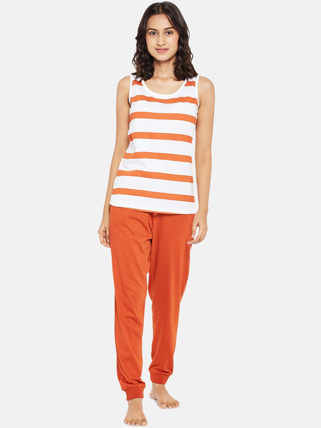 

People Women Orange & White Striped T-Shirt & Solid Trouser Night suit