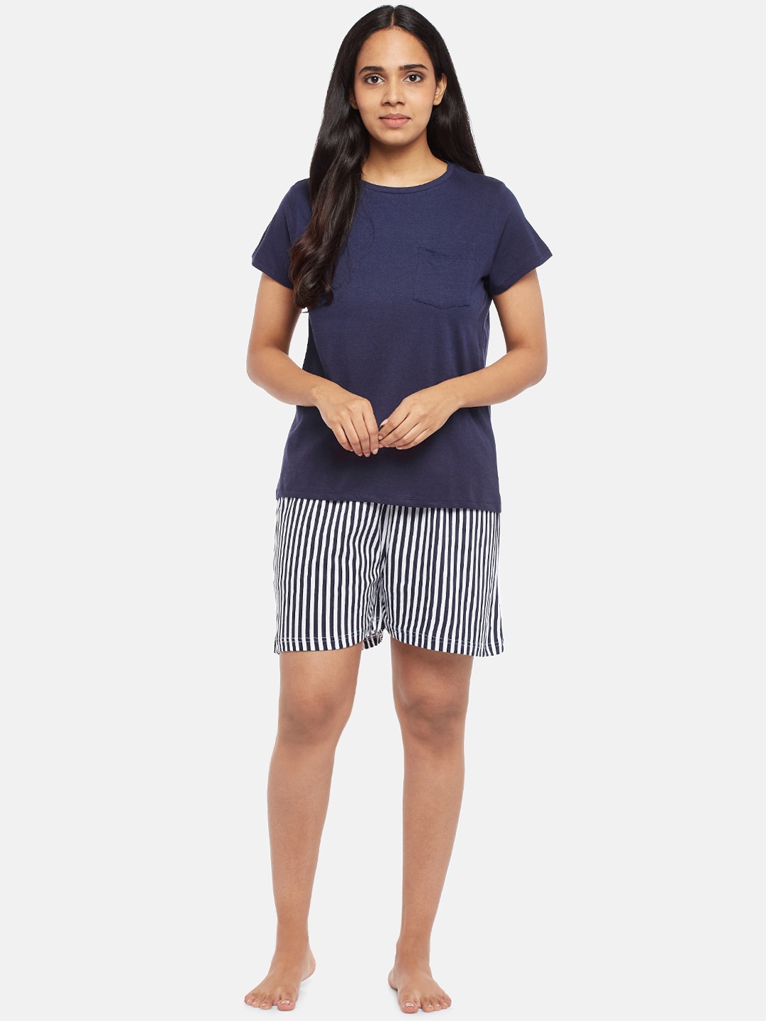 

People Women Navy Blue Solid Top & White Striped Shorts Night suit