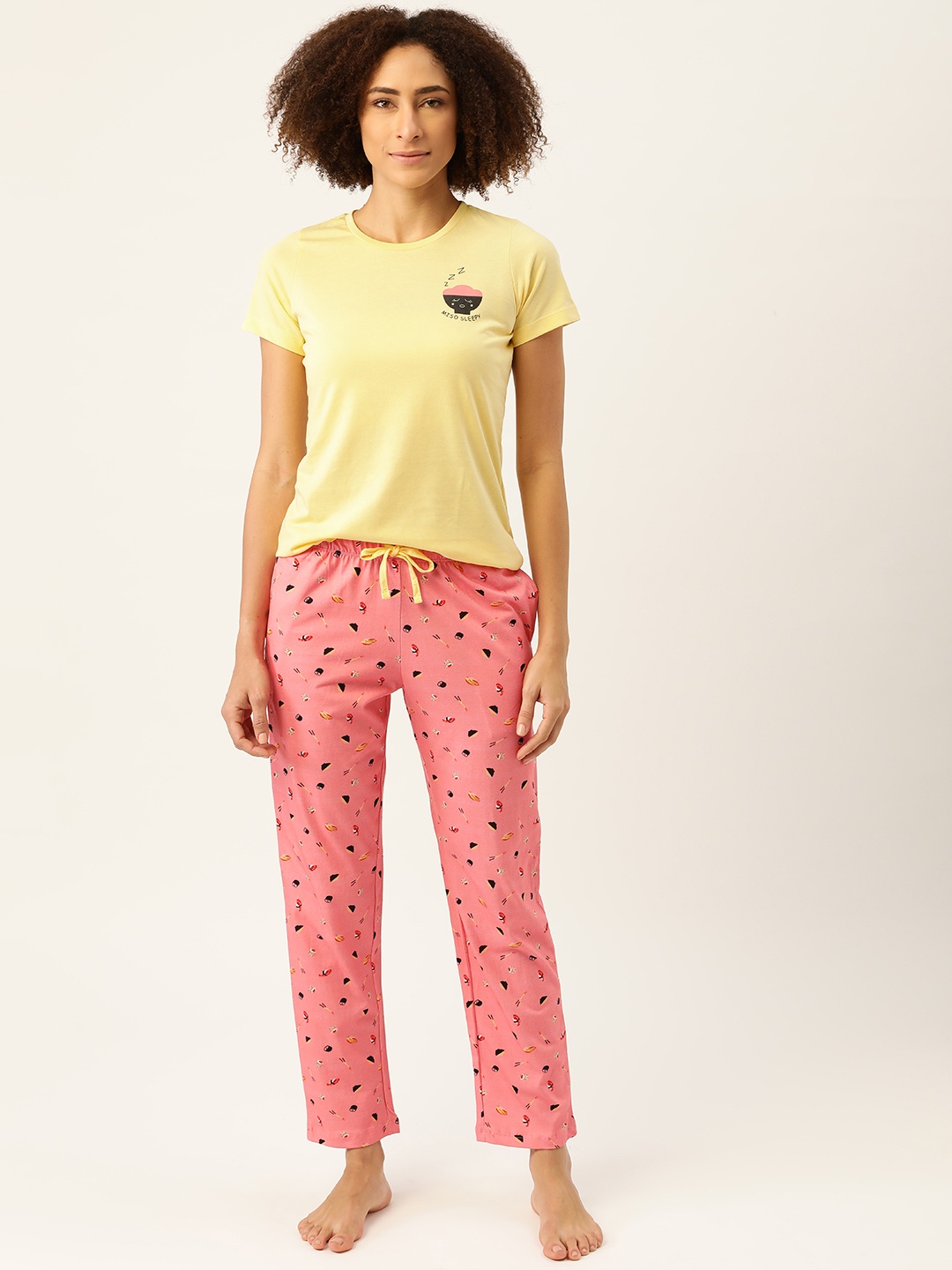 

MADAME M SECRET Women Yellow & Pink Printed Pyjamas Set with Pouch