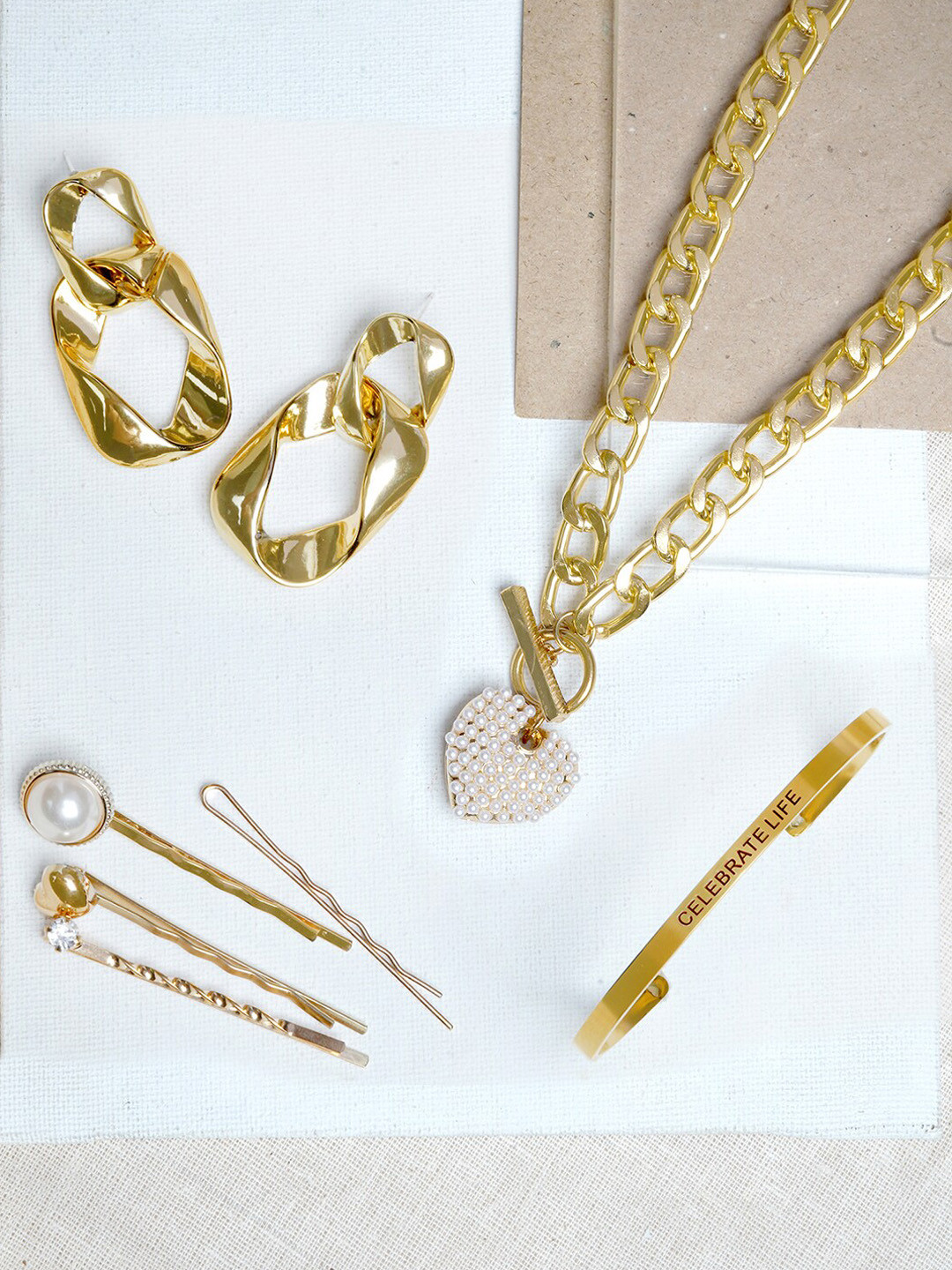 

JOKER & WITCH Gold-Plated & White Stone-Studded & Pearl Beaded Jewellery Set
