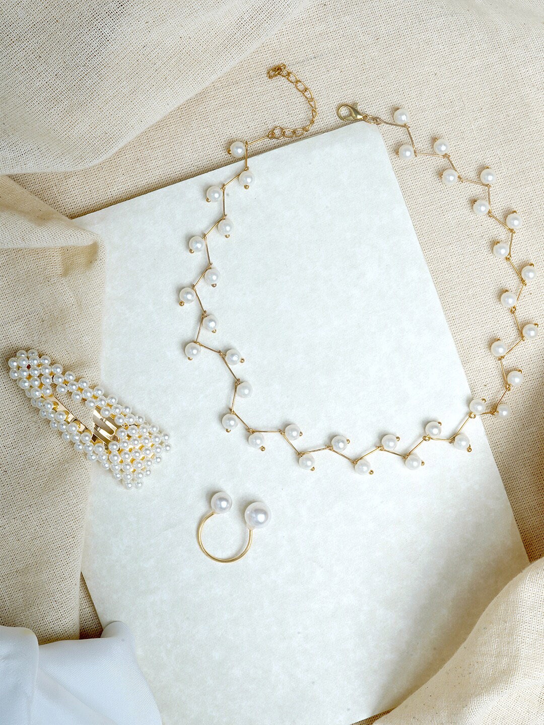 

JOKER & WITCH Gold-Plated White Stone-Studded Pearl Beaded Jewellery Set