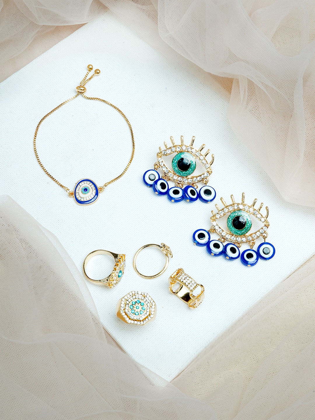 

JOKER & WITCH Gold-Plated White & Blue Stone-Studded Enameled Jewellery Set