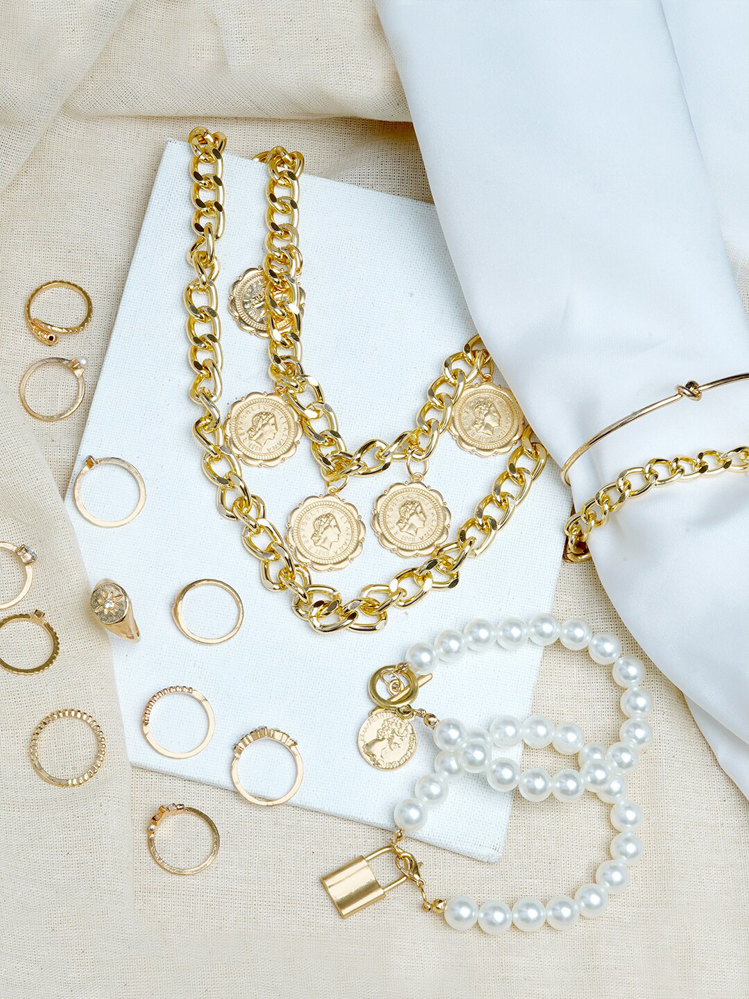 

JOKER & WITCH Gold-Plated & White Stone-Studded & Pearl Beaded Jewellery Set