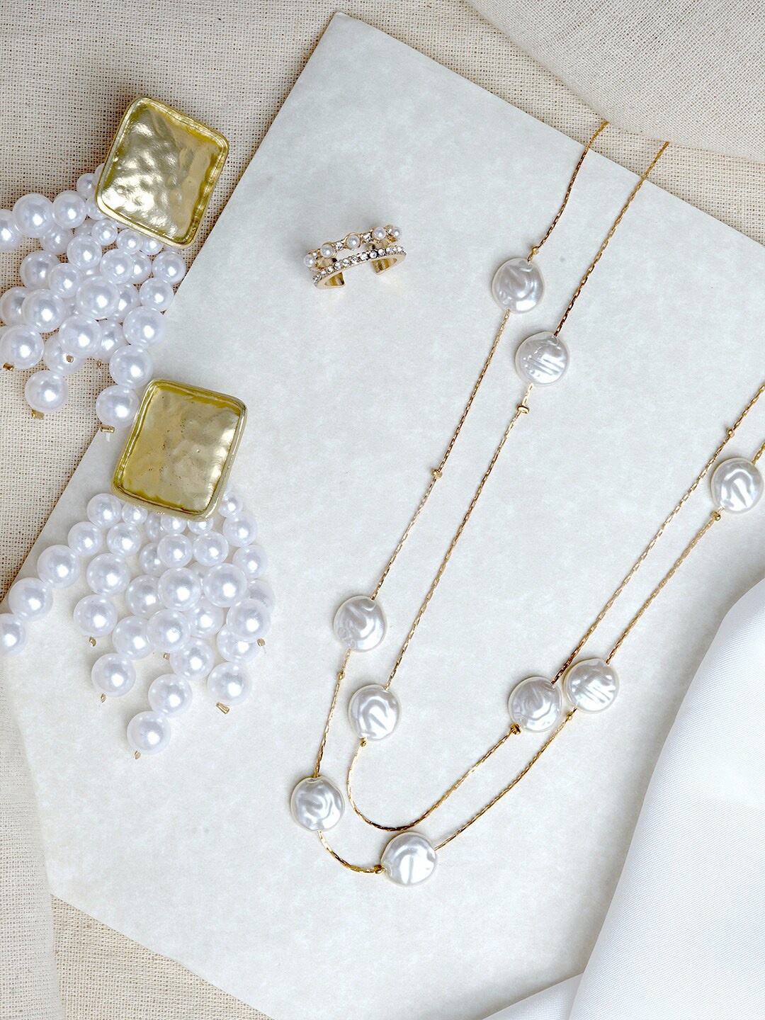 

JOKER & WITCH Gold-Plated White Stone-Studded & Beaded Elegant Jewellery Set