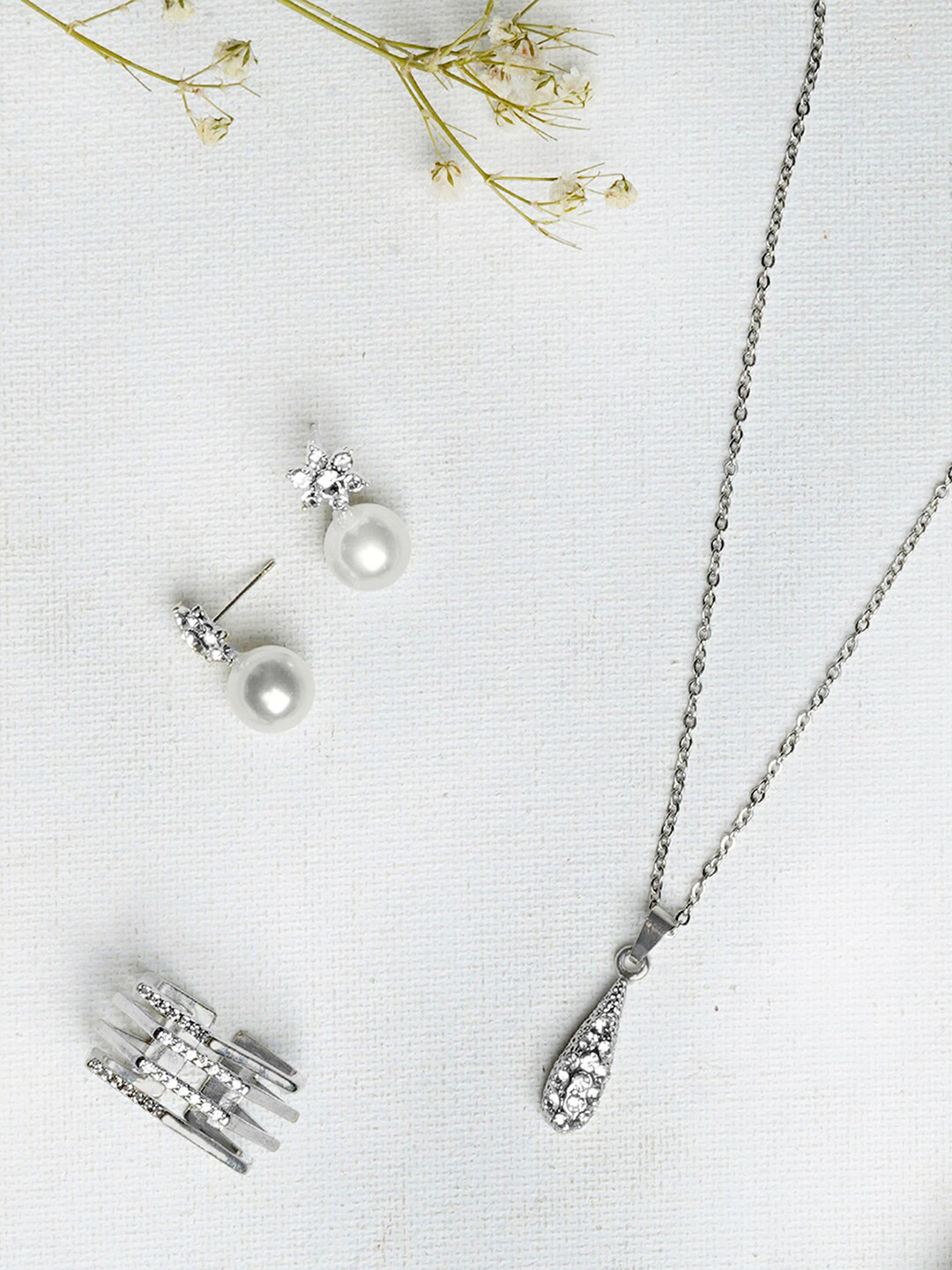 

JOKER & WITCH Silver-Plated & White Stone-Studded & Beaded Jewellery Set