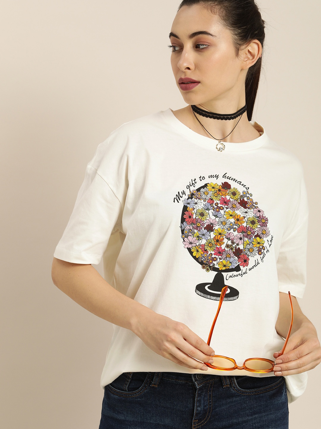 

Moda Rapido Women White Floral Printed Pure Cotton T-shirt