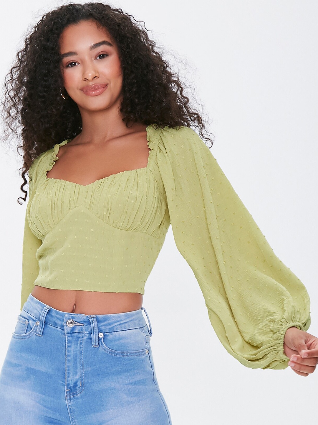 

FOREVER 21 Women Green Sweetheart Neck Regular Crop Top