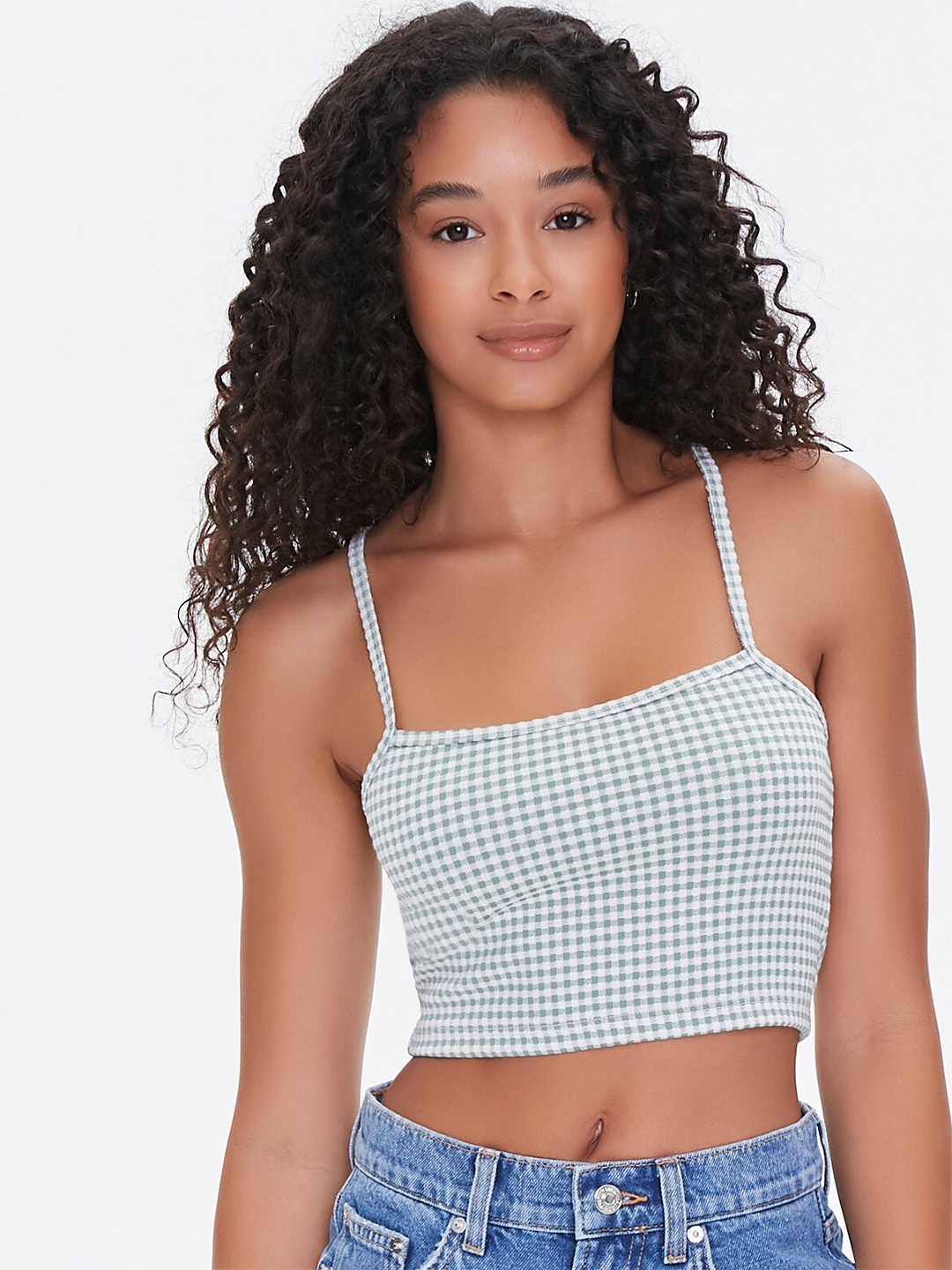 

FOREVER 21 White and Green Checked Fitted Crop Top