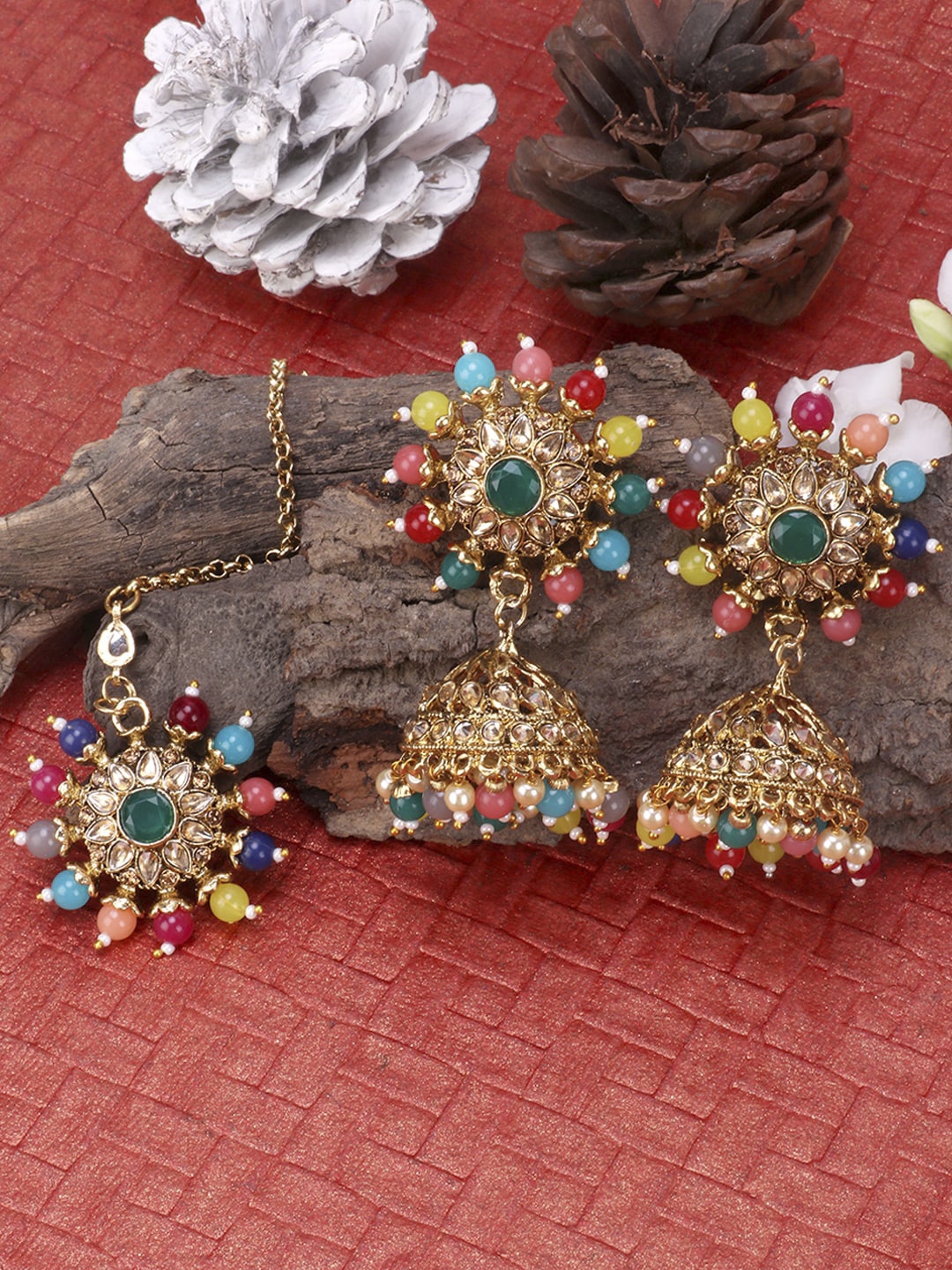 

JEWELS GEHNA Gold-Plated Beige AD-Studded& Multi-Coloured Beaded Jewellery Set