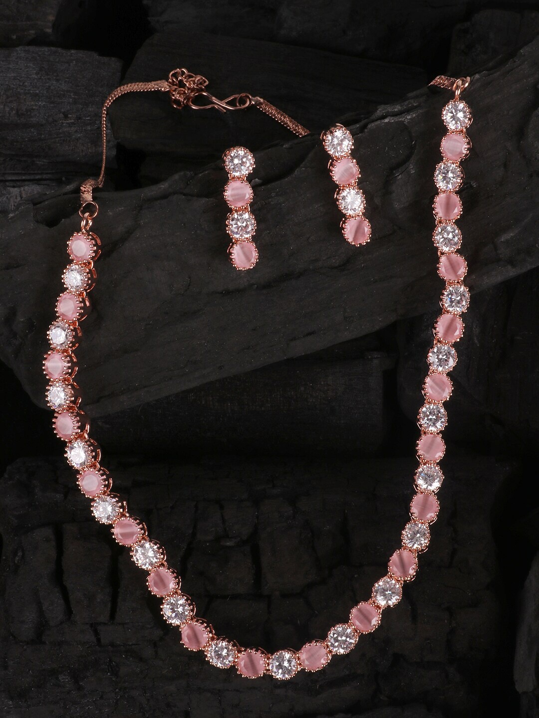 

JEWELS GEHNA Pink Rose Gold-Plated American Diamond-Studded Handcrafted Jewellery Set