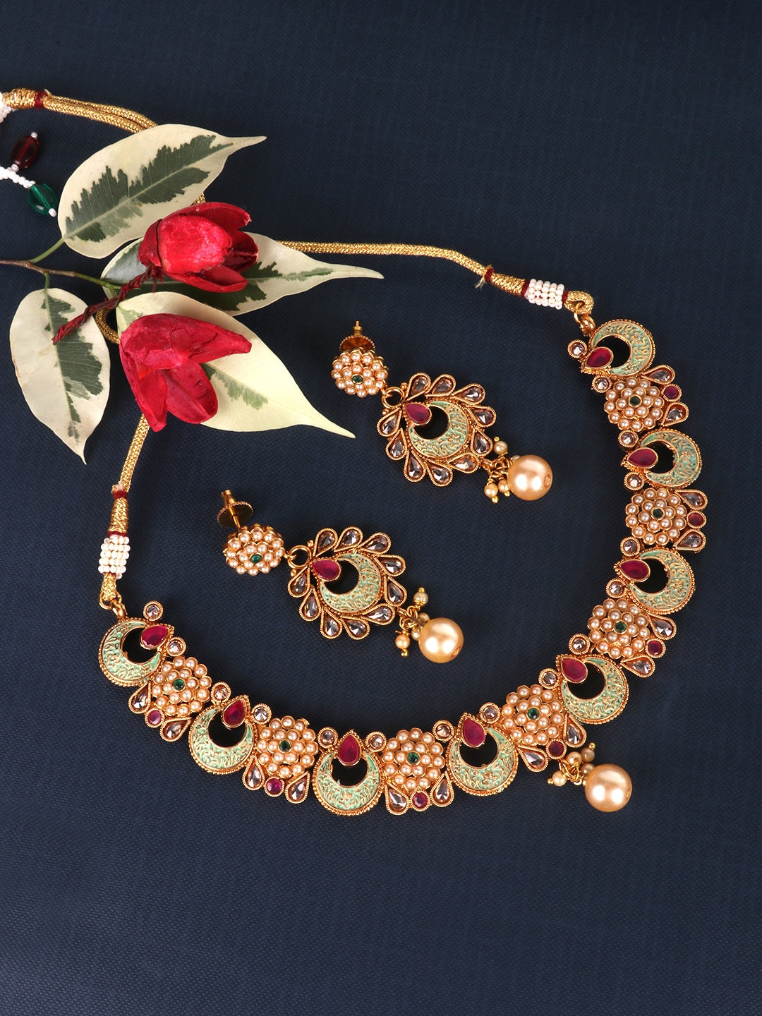 

JEWELS GEHNA Gold-Plated Pink & Off-White AD-Studded & Beaded Meenakari Jewellery Set