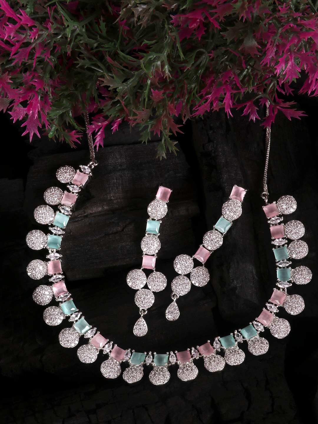 

JEWELS GEHNA Silver-Plated & White AD-Studded Jewellery Set