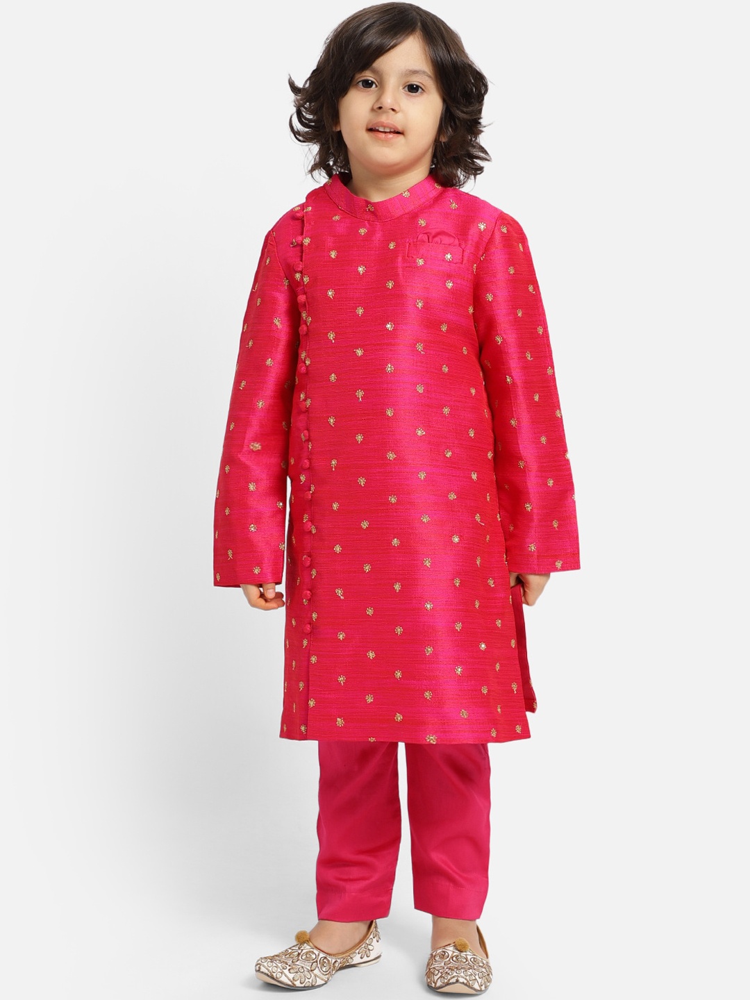 

PICCOLO Boys Pink Ethnic Motifs Embroidered Angrakha Raw Silk Kurta with Pyjamas