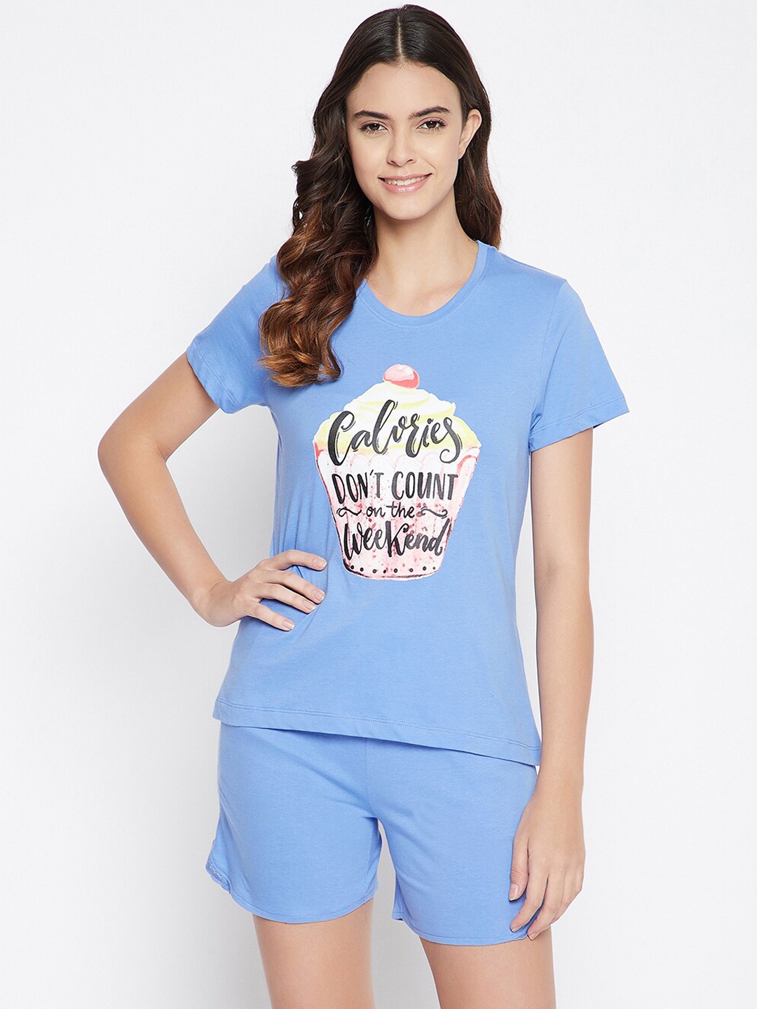 

Clovia Women Blue Typography Printed Top & Basic Shorts Pure Cotton Night Suit