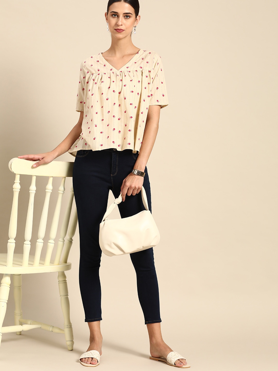 

Anouk Women Beige & Pink Striped Pure Cotton A-Line Top