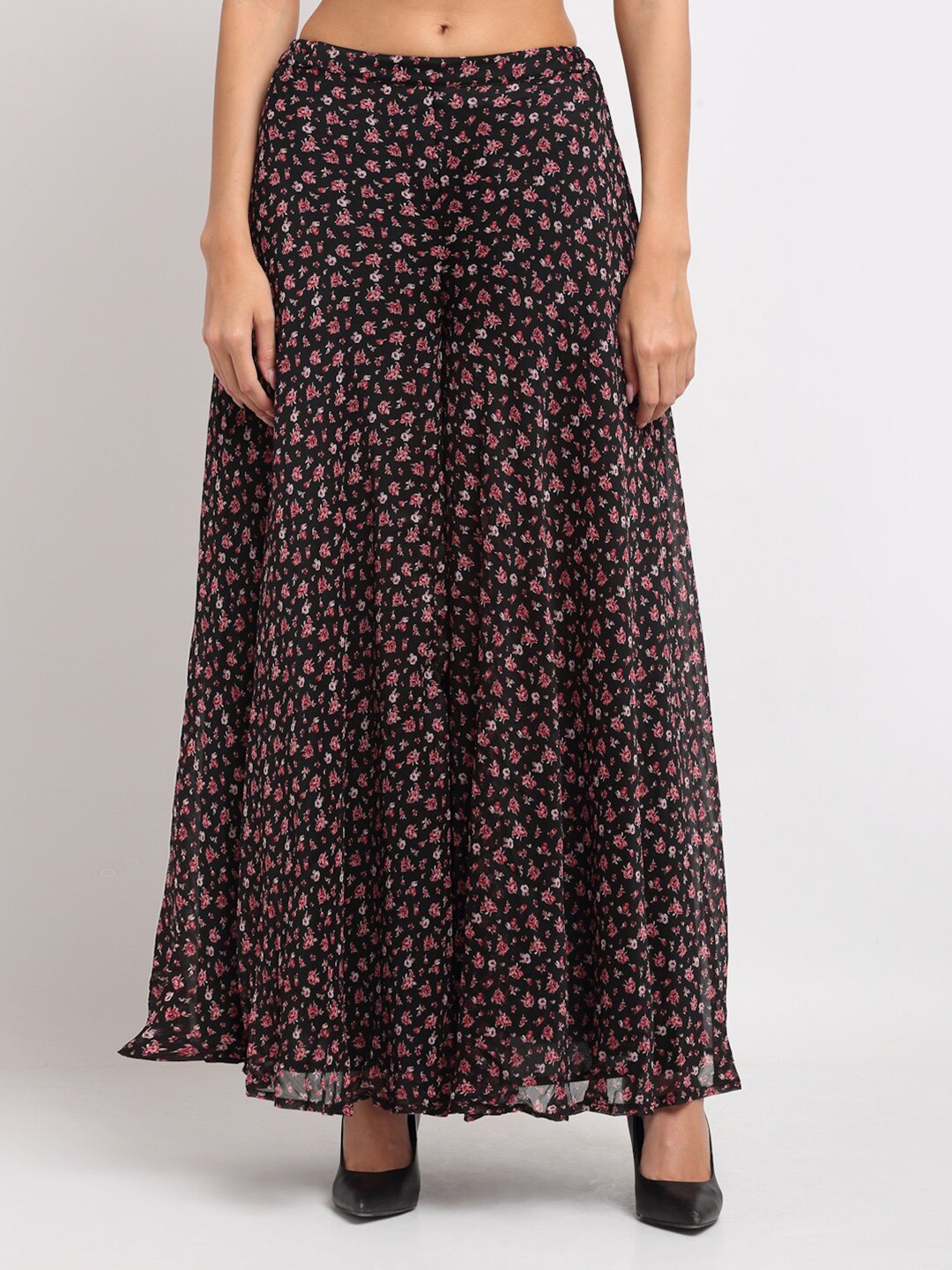 

Just Wow Women Black & Pink Floral Printed Flared Knitted Chiffon Palazzos