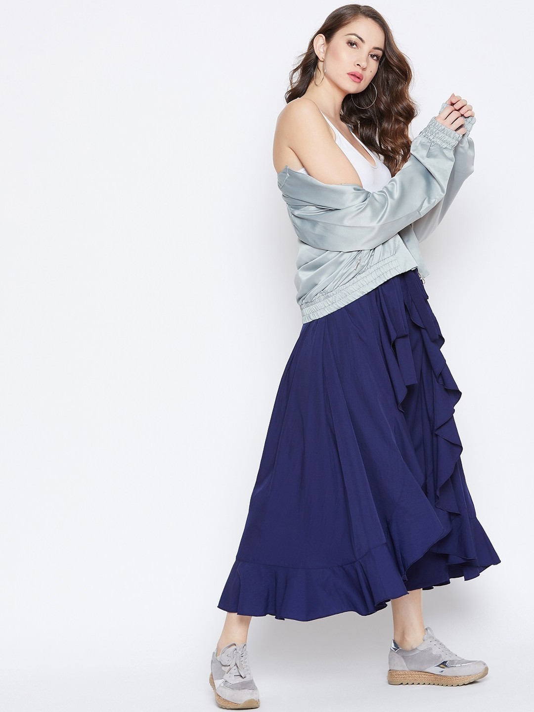 

Berrylush Women Navy Blue Solid Ruffle Wrap Maxi Skirt