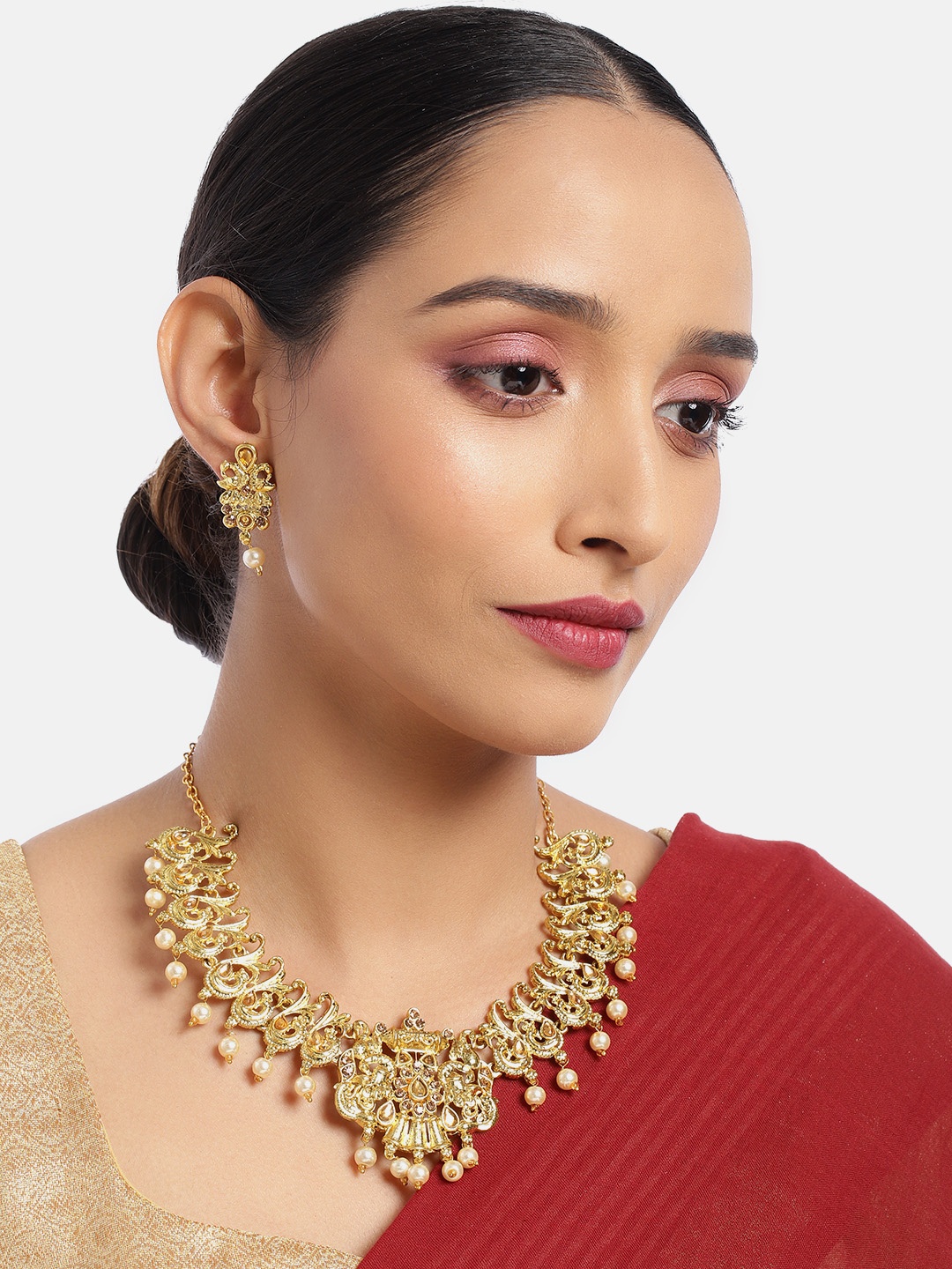 

ASMITTA JEWELLERY Gold Toned Peacock Inspired Pearl Jewellery Set