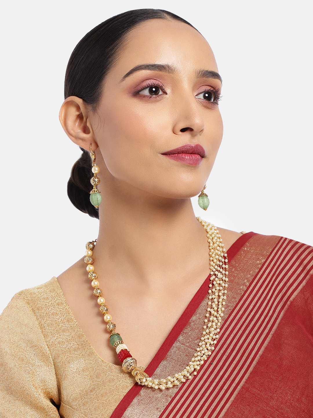 

ASMITTA JEWELLERY Gold Toned Pearl Beaded Multi String Jewellery Set