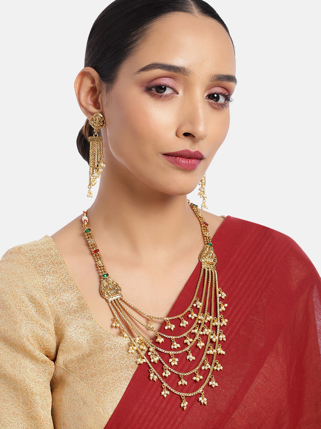 

ASMITTA JEWELLERY Gold Toned 18 k Multi Layered Laxmi Design Jewellery Set