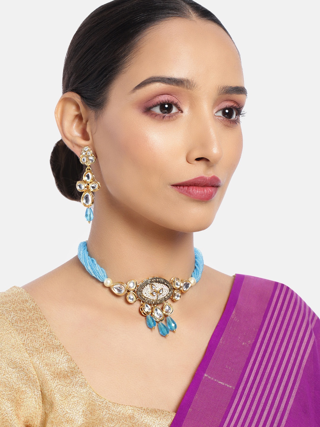 

ASMITTA JEWELLERY Women Turquoise Blue & Gold-Toned Fancy Kundan Necklace set
