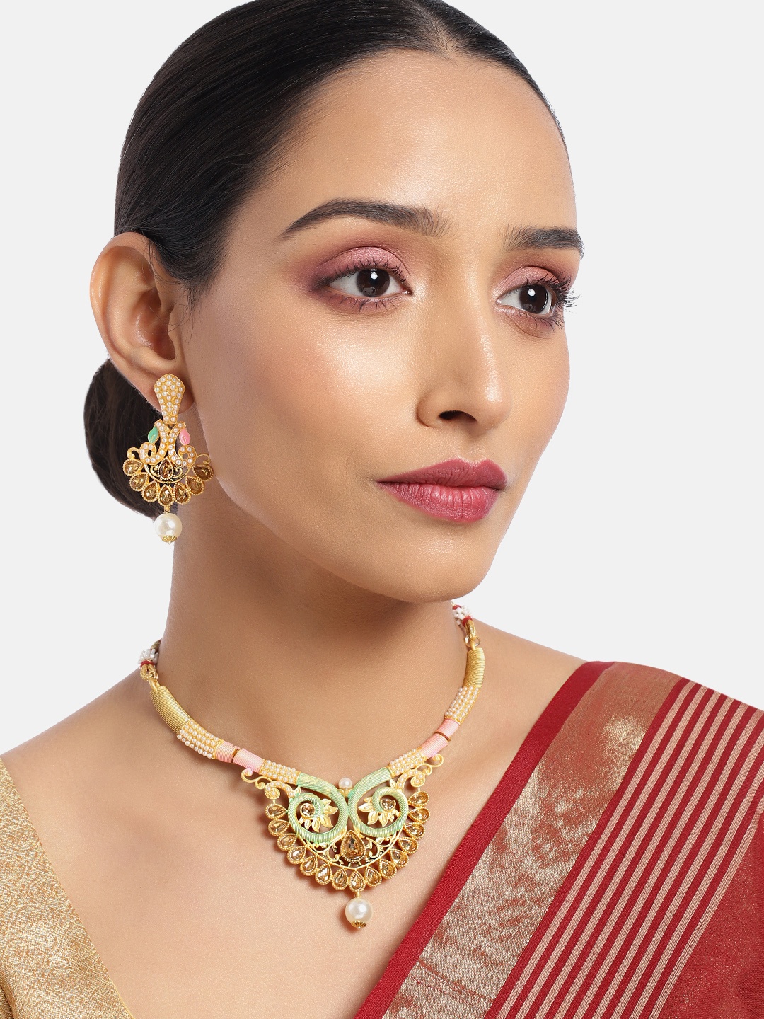 

ASMITTA JEWELLERY Gold Toned Kundan Studded Enamel Necklace Set