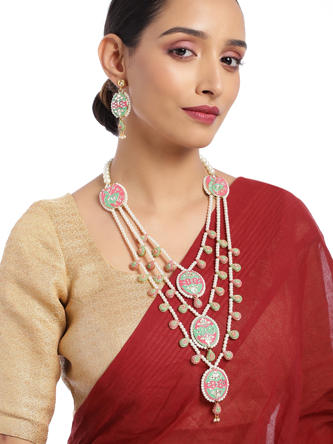 

ASMITTA JEWELLERY Peacock Inspired Meenakari Three Layer Pearls Beaded Necklace set, Gold