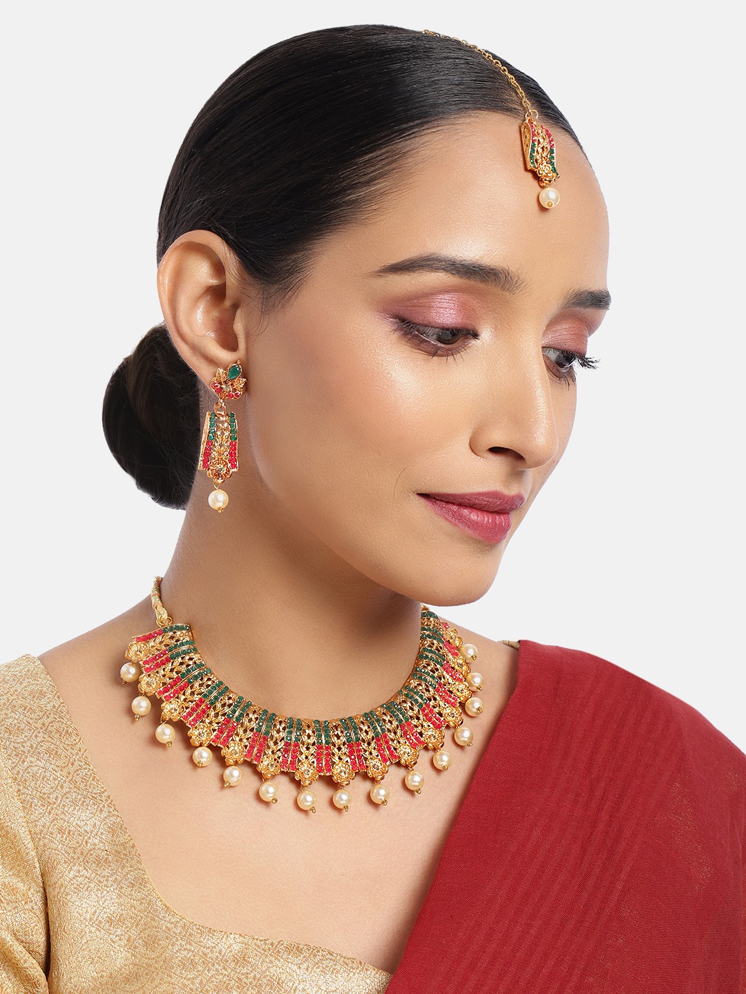 

ASMITTA JEWELLERY Gold Toned Kundan Pearl Studded Color Choker Necklace Set