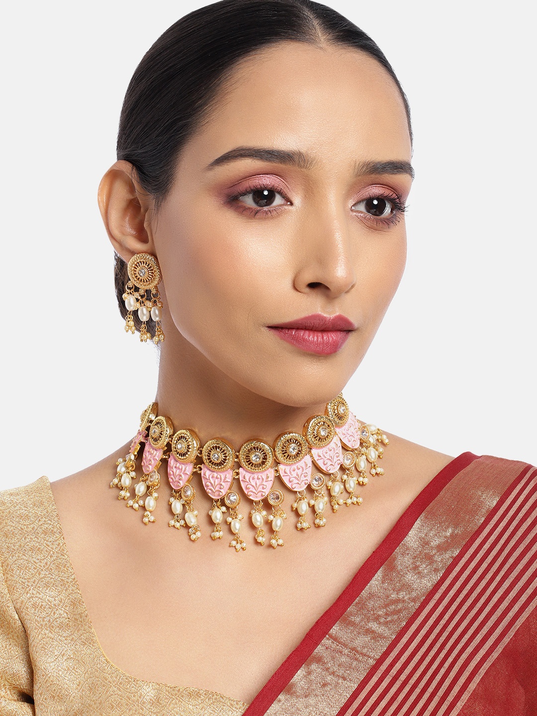 

ASMITTA JEWELLERY Gold Toned Kundan Pearl Studded Necklace Set, Pink