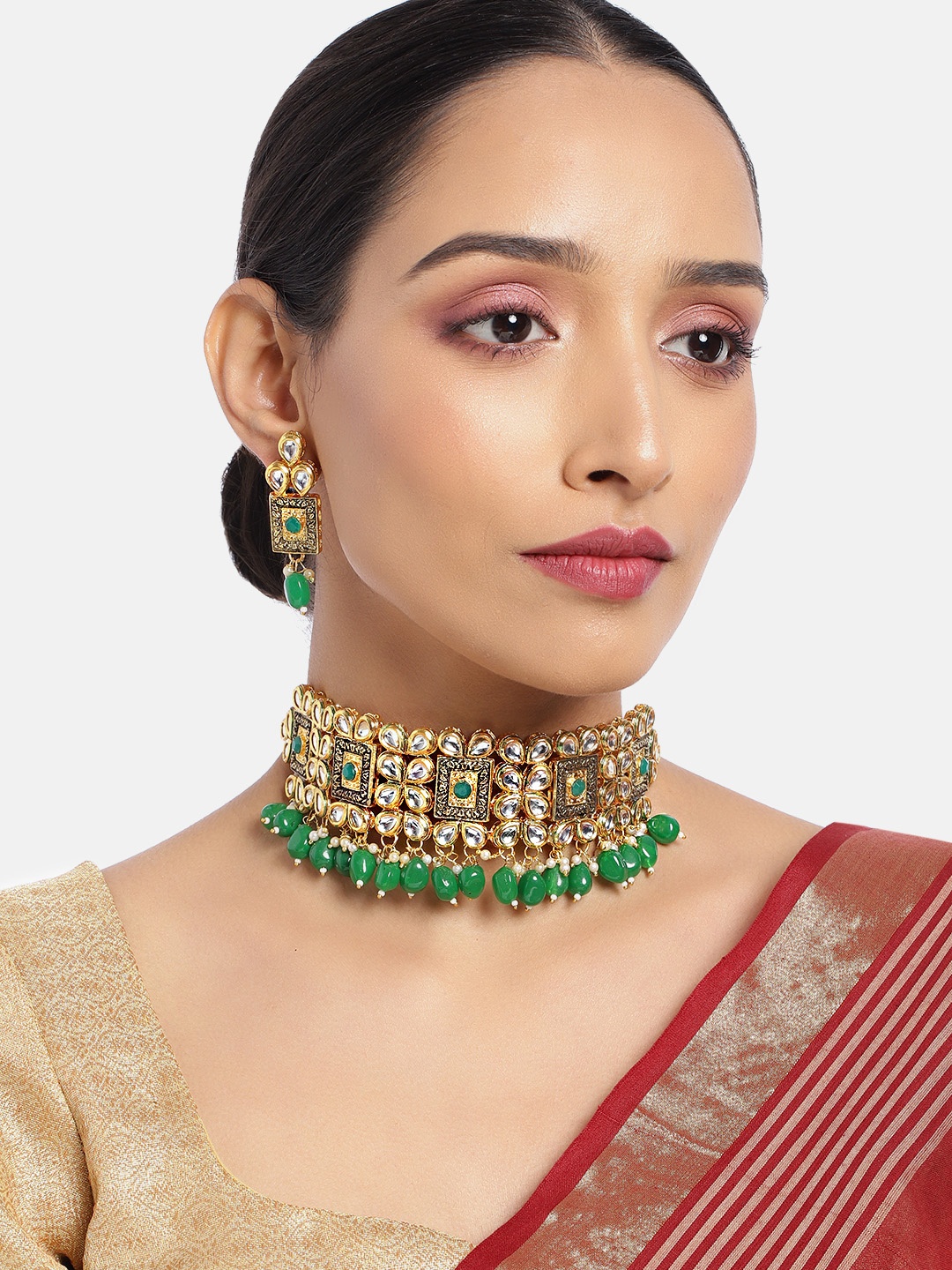 

ASMITTA JEWELLERY Women 18K Gold-Plated Kundan Pearl Meenakari Choker Necklace Set