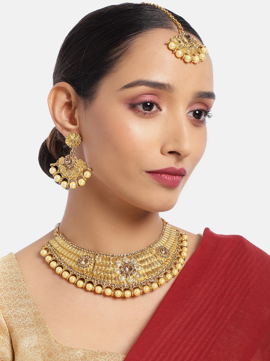 

ASMITTA JEWELLERY Kundan Pearl Studded Choker Necklace Set with Mangtika, Gold